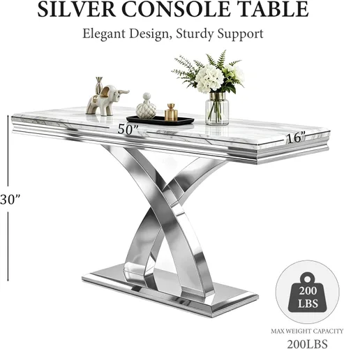 Vista 2 de AUZ Mesa consola plateada, mesa de entrada rectangular de 50 pulgadas con parte superior a rayas grises, mesa de entrada glamorosa con base en X