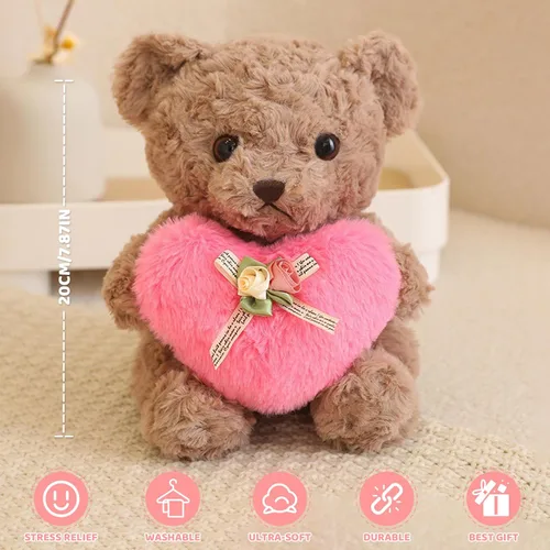 Vista 4 de Lindo oso de peluche con corazón rosa para niños, suave oso de peluche para el día de San Valentín, para novias, niños o mamá