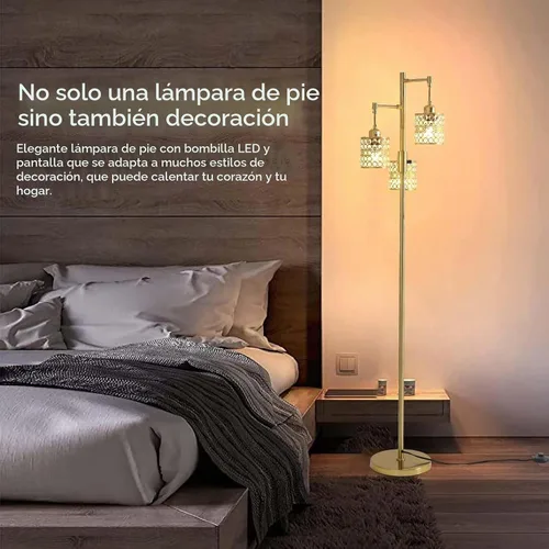 Vista 7 de Lámpara de pie industrial, lámpara de pie regulable, lámpara de árbol dorado, lámpara de pie con 3 elegantes pantallas de cristal para sala