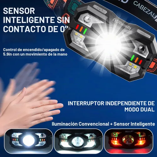 Vista 4 de Linterna frontal recargable, 1200 lúmenes súper brillante LED con sensor de movimiento, 10 modos, impermeable, ligera, linterna con luz roja