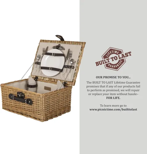 Vista 7 de PICNIC TIME Cesta de picnic clásica para 2, romántica canasta de mimbre de madera de estilo inglés con servicio de lujo para 2, interior totalmente