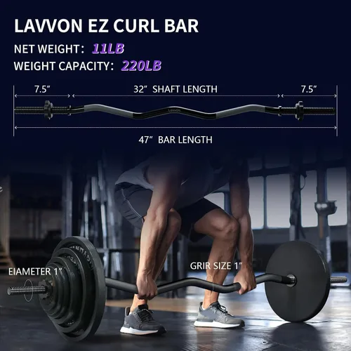 Vista 9 de Barra de levantamiento de pesas EZ Curl de 47 pulgadas, barras de curl de 1 pulgada para levantamiento de pesas, barra con barra para empujes
