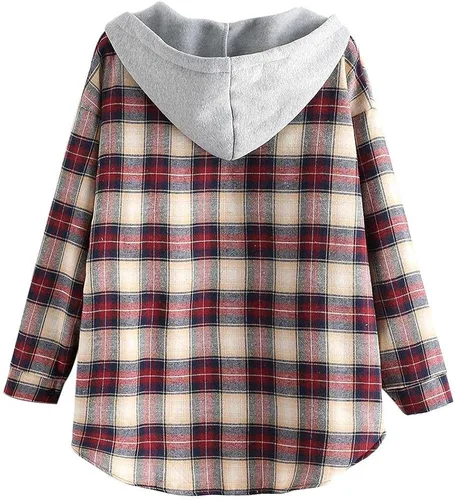 Vista 2 de Zaful chamarra con capucha y forro polar a cuadros para mujer, con botones, de gran tamaño, de franela