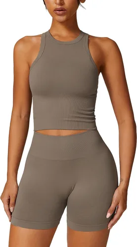 Vista 35 de Conjuntos de entrenamiento para mujer, 2 piezas, sin costuras, acanalada, sin mangas, brasier deportivo, cintura alta, pantalones cortos