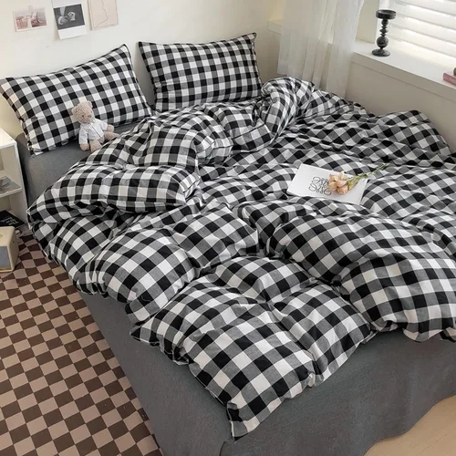 Vista 2 de DONEUS Juego de funda de edredón a cuadros 100% algodón lavado como lino súper suave y cómodo, juego de ropa de cama de 3 piezas a cuadros negros