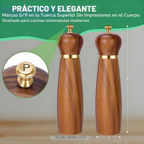 Vista 5 de Juego de molinillo de sal y pimienta de madera de acacia con base, molinillo de pimienta manual de 8 pulgadas con grosor ajustable, juego de 2