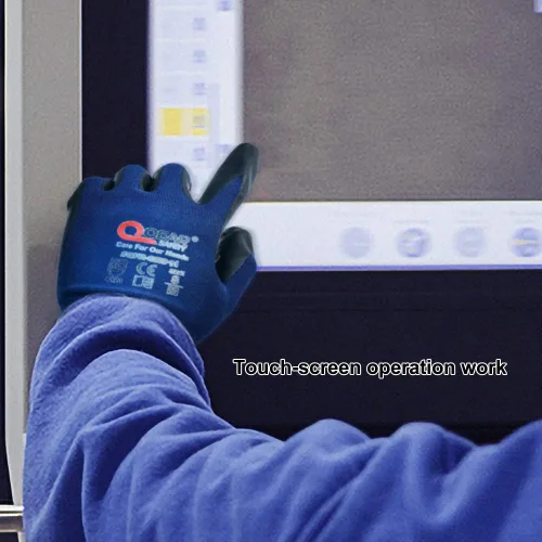 Vista 4 de Paquete de 3 pares de guantes de seguridad de trabajo táctiles de color azul marino, espuma de nitrilo recubiertos, uso general, trabajo mecánico