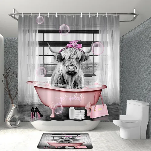Vista 2 de Juego de 2 cortinas de ducha para baño, diseño de vaca de las tierras altas, color rosa, divertido y lindo animal para tina, bolsa de tacón alto