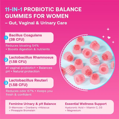 Vista 10 de Gomitas de equilibrio femenino para mujer, gomitas de equilibrio de pH prémium con probióticos para el equilibrio de la flora vaginal, suplemento
