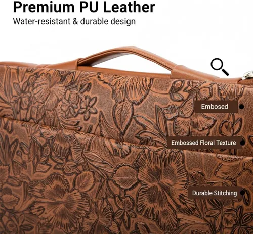 Vista 4 de Kinmac Funda protectora de piel sintética en relieve de 360° para laptop con solapa (flor de café, 15 a 15.6 pulgadas)