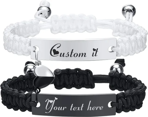 Vista 11 de MPRAINBOW - Pulseras personalizadas trenzadas para parejas: pulseras con nombre personalizado y palabras de promesa grabadas, pulseras de atracción