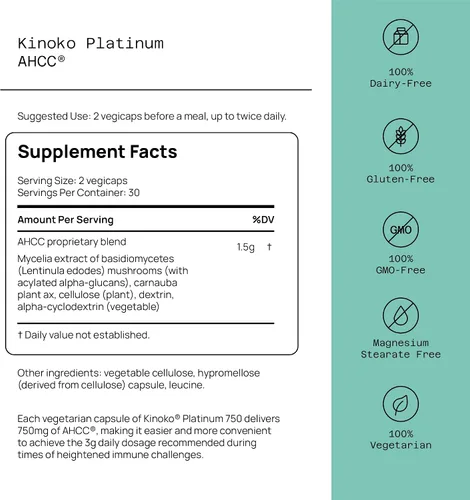 Vista 2 de Quality of Life Con extracto de hongo Kinoko Platinum AHCC y oligodermo con extracto de lichi de oligonol, paquete de apoyo inmunológico