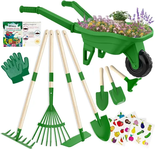 Vista 8 de Qtioucp - Juego de herramientas de jardinería para niños, juguetes al aire libre, juego de patio trasero con carretilla, juguetes educativos STEM
