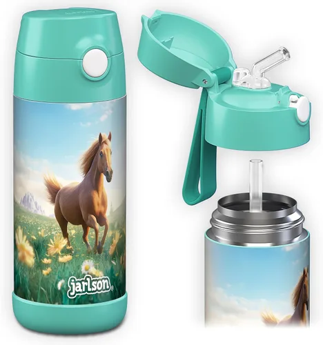 Vista 27 de Jarlson® CHARLI - Botella de agua para niños [12 onzas], botella térmica de acero inoxidable con pajilla, botella de agua aislada a prueba