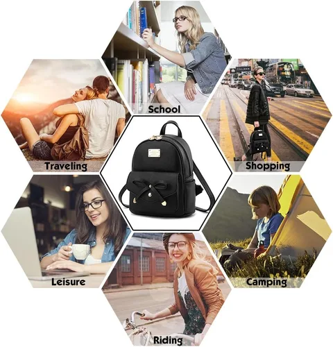 Vista 4 de Mochila pequeña para niñas y mujeres, de cuero, a la moda, para el día a día, Negro), .
