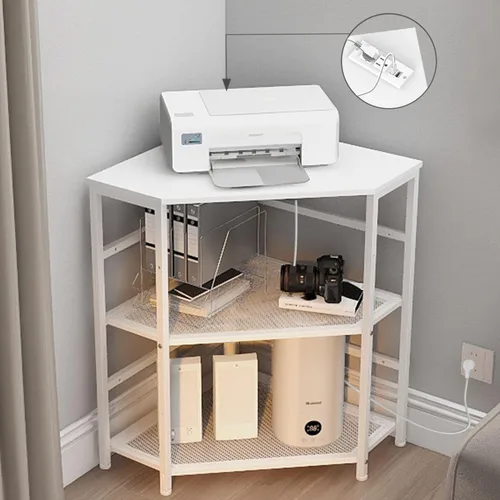 Vista 8 de VEDECASA Soporte de esquina para impresora con mesa, toma de corriente, puertos USB, estante de almacenamiento ajustable, soporte para torre de Negro