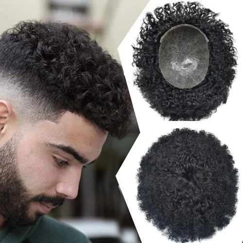 Vista 11 de Afro Toupee para hombres negros Sistemas de reemplazo de cabello 0.004 in Piel fina Afro Pelucas para hombres negros Unidades de pelo afro rizado