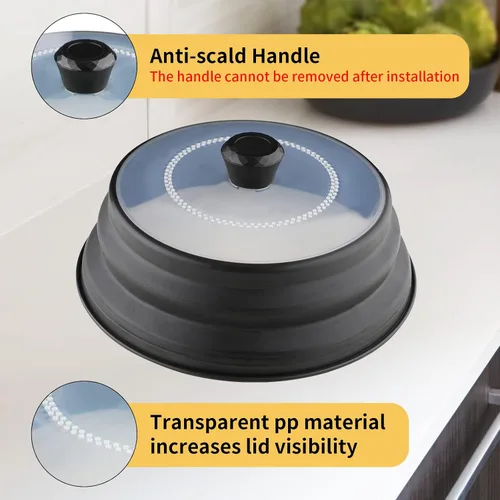 Vista 5 de Cubierta contra salpicaduras de microondas con bandeja de platos, cubierta de silicona para alimentos para microondas con mango antiquemaduras, tapa