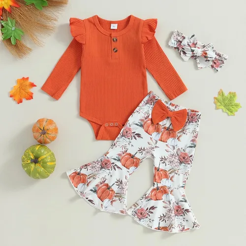 Vista 2 de Twopumpkin Ropa de bebé para niña, anties bestie, mameluco de manga larga, pantalones florales acampanados, diadema para recién nacido, Flor