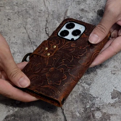Vista 4 de Funda de billetera de cuero genuino hecha a mano para iPhone 17 Pro Max 17 Air 16 Funda para iPhone 15 Plus 15 Pro 14 16e Funda con correa de muñeca