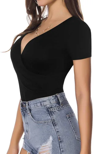 Vista 3 de Mangopop - Mono de manga corta para mujer cuello de inmersión profundo manga larga