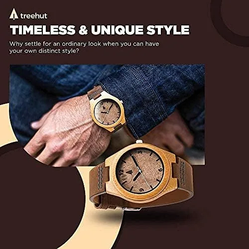Vista 3 de Treehut Reloj de madera de bambú de nogal para hombre con correa de cuero marrón genuino analógico de cuarzo con movimiento Miyota, 1.3 pulgadas..