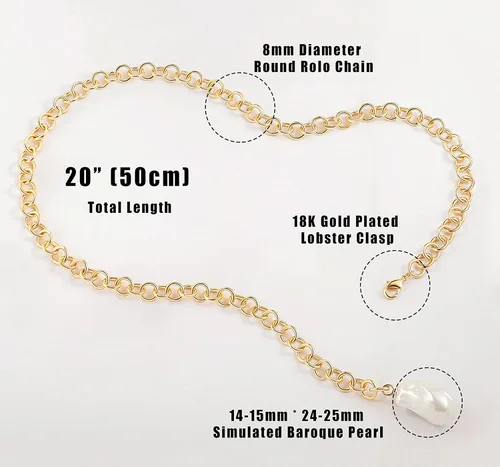 Vista 4 de Chunky 18K Gold Round Rolo Link Chain Lariat Y Necklace Big Simulated Baroque Pearl Pendant Necklace for Women Adjustable Simulated Turquoise Choker