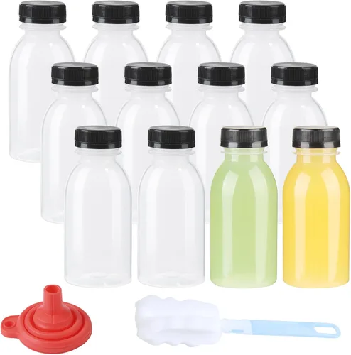 Vista 8 de zmybcpack Paquete de 24 botellas de jugo de plástico de polipropileno de 3.4 fl oz resistentes al calor con tapas, botellas de chupito de plástico