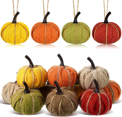 Vista 9 de Kajaia 12 piezas de mini adornos colgantes de calabaza de otoño de Acción de Gracias para árbol de 2.05 pulgadas, tela de arpillera, calabaza