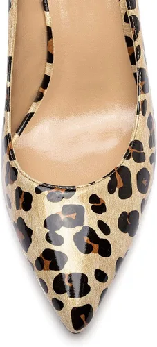 Vista 7 de Castamere Zapatos de tacón alto básicos para mujer, sin cordones, puntiagudos, tacón de aguja de 3.3 in charol leopardo beige