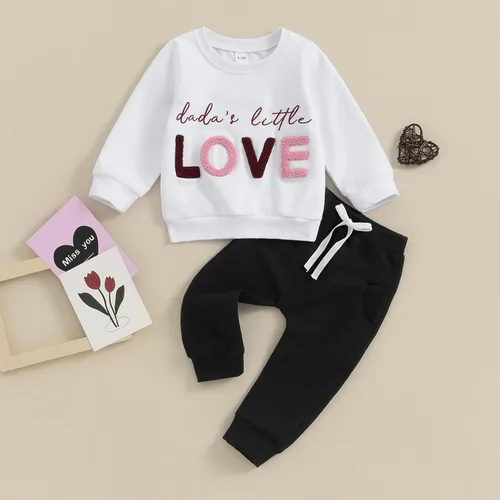 Vista 2 de SOLILOQUY Conjunto de sudadera con cuello redondo y estampado de letras para el día de San Valentín para bebé niño y niña