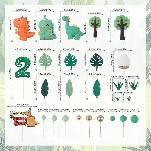 Vista 3 de Decoración para pastel de dinosaurio de 2º cumpleaños con vela de dinosaurio y huevo, 27 piezas no tóxicas Dinosaurio 2º cumpleaños