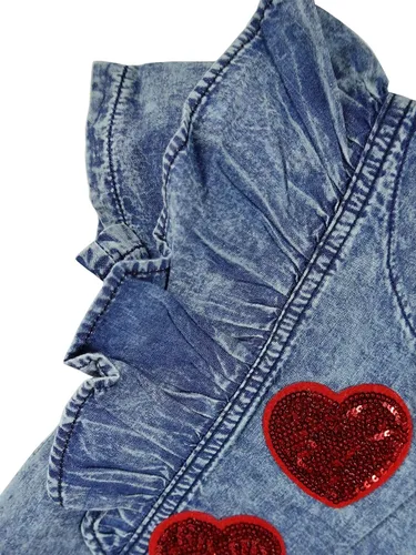 Vista 3 de KIDSCOOL SPACE Bebé Niña Corazón Rojo Lentejuelas Decoración Verano Manga Corta Vestido Denim