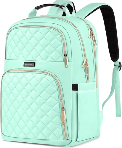 Vista 11 de Mochila Kuosdaz para Mujeres, Beige, 15,6 pulg. 15.6 Inch Cute Quilted Laptop Backpack, Large Bookbag for Middle School College Students, Beige