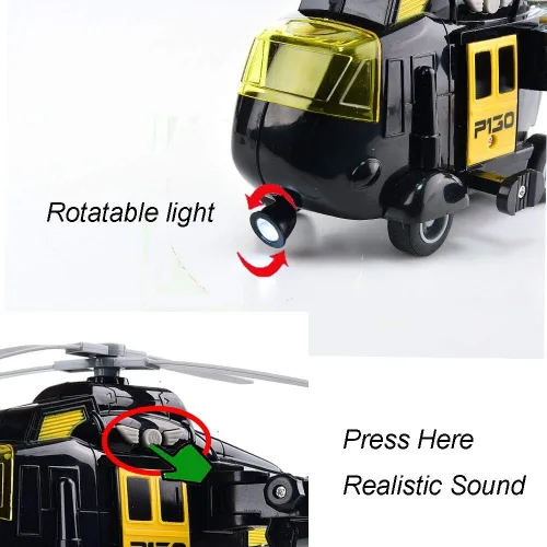 Vista 6 de OMGTOY Helicóptero militar, avión de la fuerza aérea de juguete con cesta colgante luces y sonidos para niños (negro)