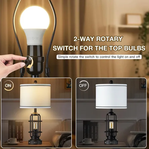 Vista 6 de Lámparas de mesa modernas, lámpara de noche industrial regulable de 3 vías con puertos USB A+C y salida de CA, control táctil, lámpara de mesita
