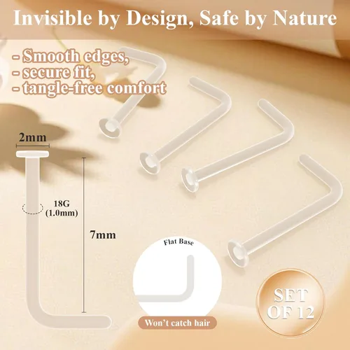 Vista 6 de Juego de 12 aretes de nariz transparentes para el trabajo, para mujeres y hombres, 12 piezas de 18G 20G Bioflex de plástico en forma de L, retenedor