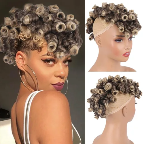 Vista 13 de Aisaide Cola de caballo afro Mohawk alta con flequillo sin cordón, extensión de cola de caballo corta rizada sin cordón, clip sintético en moño