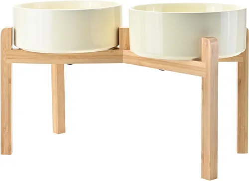 Vista 21 de SPUNKYJUNKY Cuencos elevados de cerámica para perros, 5.1 pulgadas, para comida de perros y gatos, cuencos elevados con soporte de bambú Verde oscuro