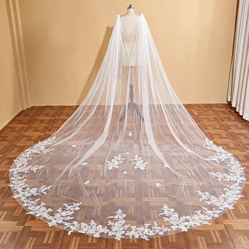Vista 4 de EllieWely 1 T Catedral longitud floral encaje boda velo nupcial capa con broche F03