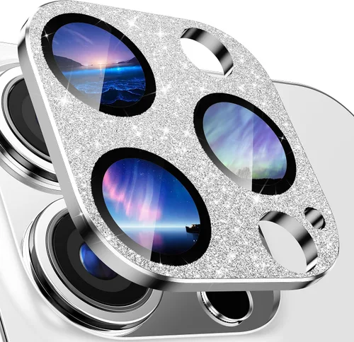 Vista 7 de Protector de lente de cámara para iPhone 14 Pro/iPhone 14 Pro Max, cobertura completa 3D con purpurina brillante, calidad de imagen sin afectación