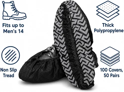 Vista 3 de Paquete de 100 fundas negras desechables extragrandes para botas y zapatos. Botines reutilizables resistentes al agua duraderos con peldaños