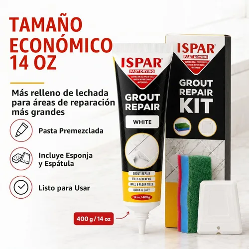 Vista 2 de Kit de reparación de lechada de azulejos – Relleno de lechada blanca de 14 oz para juntas de azulejos de paredes y pisos con espátula y esponja