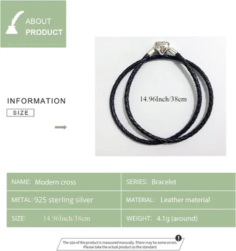 Vista 3 de Pulsera tejida de cuero negro auténtico con plata de ley 925 con cierre de cruz de corazón para cuentas Pandora