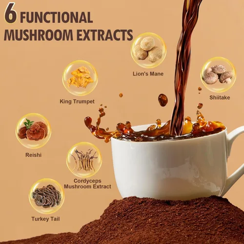 Vista 3 de Café de hongos, 6 hongos orgánicos con melena de león y café Cordyceps para energía sostenida, enfoque mental, digestión y apoyo inmunológico, café