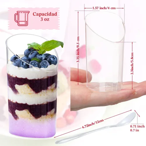 Vista 3 de Paquete de 100 mini tazas de postre con cucharas, pequeñas de plástico transparente de 3 onzas, inclinadas y redondas, vasos desechables tipo