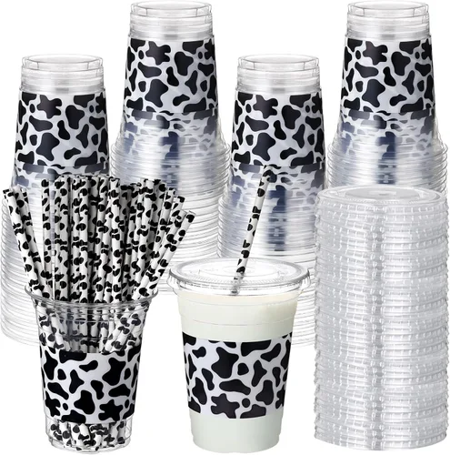 Vista 25 de Sliner 50 juegos de vasos de plástico a cuadros de 16 onzas con tapas y pajitas de papel, vasos desechables transparentes para fiesta de autos