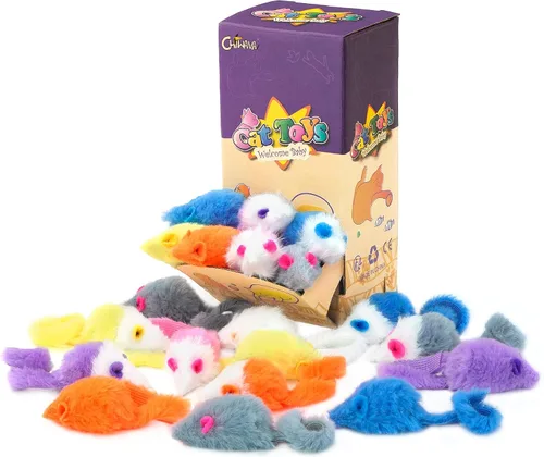 Vista 2 de CHIWAVA 36 piezas de 1.8 pulgadas de color caramelo peludos ratones gato juguete sonajero ratón gatito juguete interactivo colores surtidos