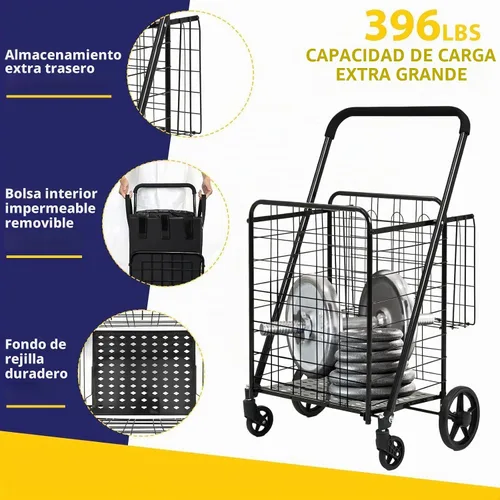 Vista 3 de Siffler Carrito de compras con capacidad de 396lbs, carrito de compras grande actualizado con ruedas, carritos de compras plegables resistentes