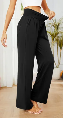 Vista 3 de SUNYAA Pantalones de yoga de pierna ancha para mujer, cintura alta, holgados, casuales, cómodos, para descansar, palazzo, pijamas con bolsillos
